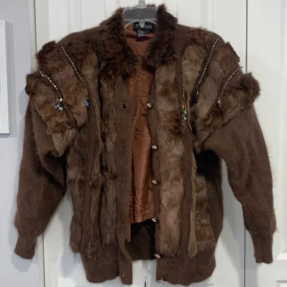 Angora Rabbit Fur Hair Vintage Genuine Embellished Rhinestone Jacket Size Large - Picture 1 of 14